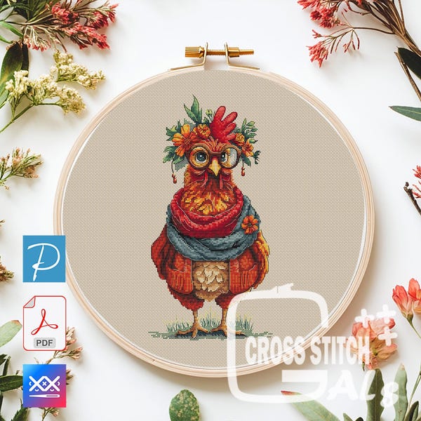 Whimsical Dressed-Up Chicken Cross Stitch Pattern – Funny Farm Animal PDF Embroidery – Instant Download.