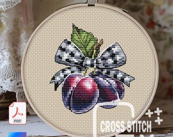 Plum Gingham Bow Cross Stitch Pattern, Vintage Fruit Embroidery (PDF Download)