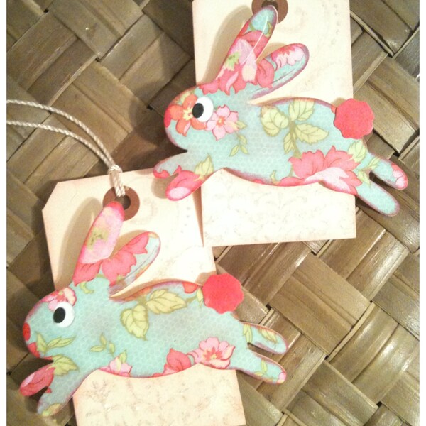 Easter Bunny Basket Gift Tag Handmade Shabby Chic Victorian Robin's Egg Blue Pink Cream Bunny Hop Set of 2