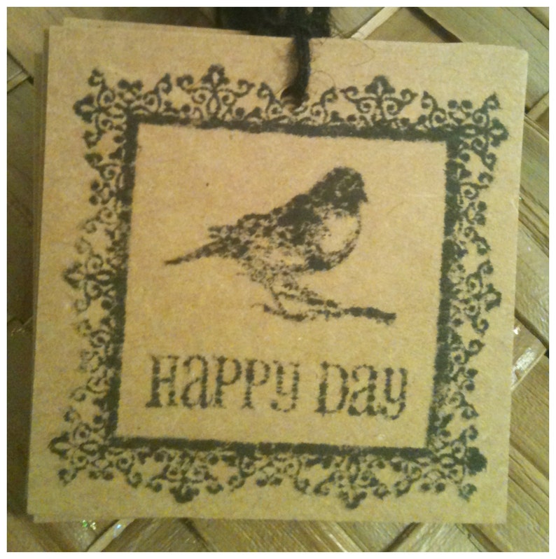 Kraft Card Stock Tags Victorian Birds Hand Stamped Black All Occasion Distressed Ink Happy Day Gift Tags Set of 18 image 1