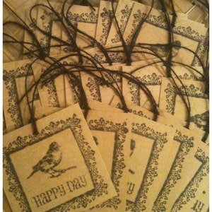 Kraft Card Stock Tags Victorian Birds Hand Stamped Black All Occasion Distressed Ink Happy Day Gift Tags Set of 18 image 2