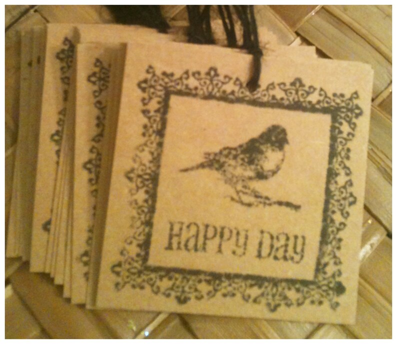 Kraft Card Stock Tags Victorian Birds Hand Stamped Black All Occasion Distressed Ink Happy Day Gift Tags Set of 18 image 3