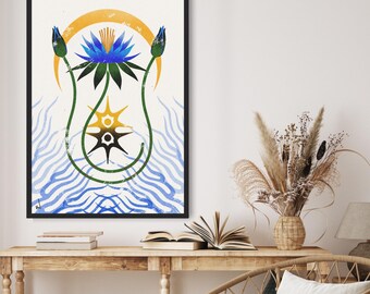 Lotus Art Print: Botanical Tattoo Style Spiritual Wall Decor