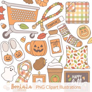 Puede incluir: Ilustraciones de clipart con temática otoñal. Incluye un carrito de la compra, una botella de especias de calabaza, una taza de café, una taza de calabaza, calcetines, una almohada, una vela y otros artículos relacionados con el otoño. El texto "Happy Fall" está en una pequeña pizarra.