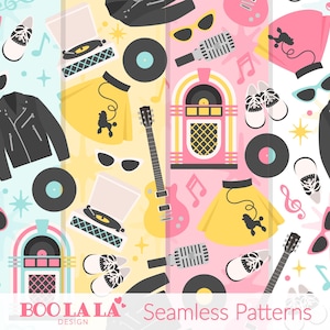 Puede incluir: Patrones sin costuras con elementos retro de los años 50. El diseño incluye una gramola, una guitarra, una falda caniche, discos de vinilo, gafas de sol y una chaqueta de cuero negra. La paleta de colores incluye rosa, amarillo, negro y turquesa. El texto "BOO LA LA DESIGN" y "Seamless Patterns" es visible.
