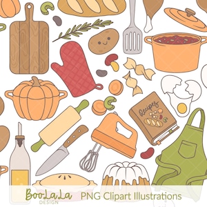 Può includere: Motivo senza cuciture di articoli da cucina illustrati su sfondo bianco. Include una zucca, mattarello, guanto da forno, libro di cucina e mixer. Altri elementi sono pane, patata e pentola di fagioli. Il testo "BooLaLa PNG Clipart Illustrations" è in basso.