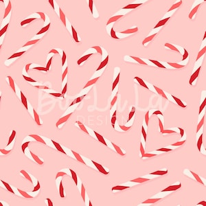 May include: A pattern of red and white striped candy canes on a light pink background. Some candy canes are curved, and one is shaped like a heart. The design is festive and suitable for holiday-themed products.