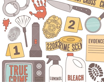 True Crime Clipart Bundle: Crime Scene PNG Illustrations, Detective Police Evidence Badge Handcuffs, Magnifying Glass Forensics
