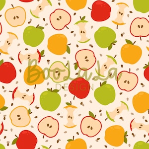 Puede incluir: Patrón repetitivo de manzanas rojas, verdes y amarillas, mitades y corazones de manzana sobre un fondo crema. Pequeñas semillas marrones están dispersas en el diseño. El texto "Boo La La DESIGN" es visible.