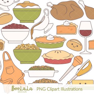 以下が含まれることがあります： 感謝祭をテーマにしたPNGクリップアートのコレクション。ローストターキー、パイ、食べ物のボウル、ワイングラス、エプロンが描かれています。「BooLaLa Design」と「PNG Clipart Illustrations」の文字が見えます。