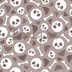 May include: A repeating pattern featuring white skulls, bones, and bat shapes on a muted brown background. The skulls have large eye sockets and are outlined in white. The bones are straight and white, and the bats are a darker brown.