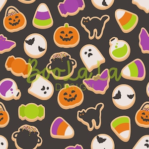 May include: A repeating pattern of Halloween-themed biscuits on a dark grey background. The biscuits include jack-o'-lanterns, ghosts, bats, candy corn, and witch's cauldrons. The biscuits are decorated with orange, purple, green, and black icing.