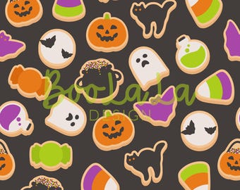 Naadloos Halloween-koekje: pompoen, spook, snoepmaïs (digitaal papier, 12" x 12")