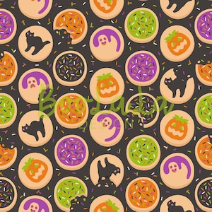 May include: A repeating pattern of Halloween-themed cookies on a dark gray background. The cookies feature various designs, including black cats, jack-o'-lanterns, ghosts, and sprinkles in orange, green, and purple. Some cookies have a bite taken out of them.