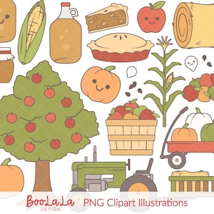 Puede incluir: Ilustraciones PNG de clipart con temática otoñal. La imagen presenta una variedad de elementos de otoño, incluyendo manzanas, calabazas, tarta, maíz, un tractor y una cesta de manzanas. La paleta de colores incluye tonos de verde, naranja, rojo y amarillo.