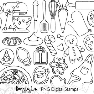 Puede incluir: Dibujos lineales en blanco y negro de elementos de repostería y navideños. Incluye una batidora de pie, espátula, batidor de varillas, manga pastelera, rodillo, manopla, hombre de jengibre, galletas y un delantal. El texto "BooLaLa Design PNG Digital Stamps" está en la parte inferior.