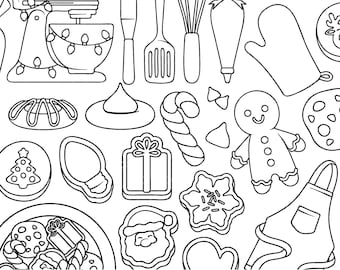 Christmas Baking PNG Digital Stamps - Cookie Baking Day Clipart, Christmas Coloring Pages, Gingerbread Outlines
