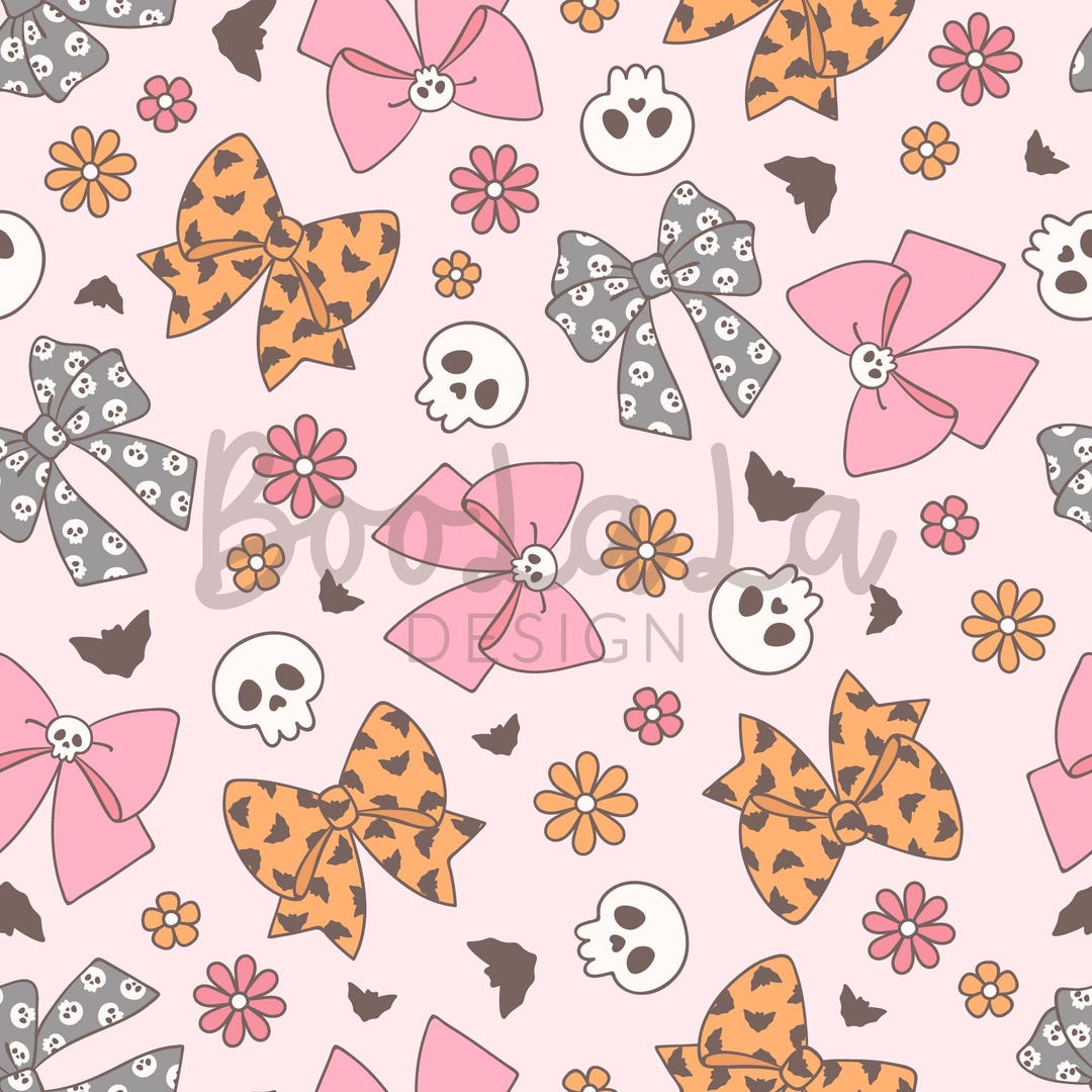 Halloween Bow Seamless Pattern | Cute Coquette Bows With Skulls, Bats ...