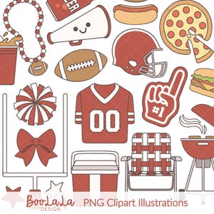 May include: A collection of red and white football-themed clipart illustrations. Includes a football jersey with the number 00, a football, a helmet, a foam finger, a pom-pom, a bow, a cooler, a chair, a grill, a pizza, a hot dog, and a megaphone.