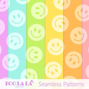 Könnte beinhalten: Nahtloses Musterdesign mit Smiley-Gesichtern in einem sich wiederholenden Muster. Der Hintergrund hat vertikale Streifen in Rosa, Blau, Grün, Gelb, Orange und Rosa. Der Text "BOO LA LA DESIGN" und "Seamless Patterns" befindet sich unten.