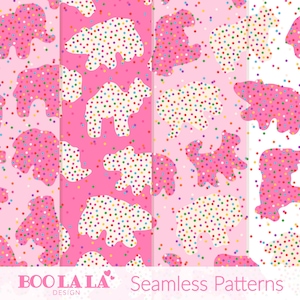 Puede incluir: Patrones sin costuras con formas de animales rosas llenas de confeti colorido. Los patrones incluyen elefantes, osos, camellos y otros animales sobre fondos rosas y blancos. El texto "BOO LA LA DESIGN" y "Seamless Patterns" es visible.