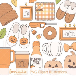 Puede incluir: Ilustraciones con temática otoñal que incluyen un gorro, velas, una manta, zapatillas, un encendedor, caramelos de maíz, una rosquilla, tazas, un lazo, calabazas y una botella de especias de calabaza. Los colores son naranja, marrón y blanco.