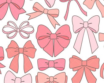 May include: A collection of pink bows in various styles and shades, including light pink, coral, and rose. The bows are arranged on a white background, with outlines and details. The image includes the text "BooLaLa Design" and "PNG Clipart Illustrations".