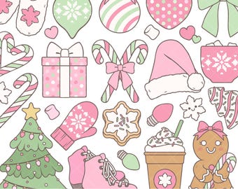 Pink & Mint Christmas PNG Clipart: Cute Girly Christmas Aesthetic, Pink Holiday Designs, Kawaii Gingerbread, Christmas Coquette Pastel