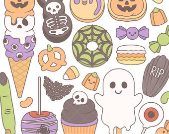 May include: A collection of Halloween-themed clipart illustrations. Includes an ice cream cone, a skeleton bunny, cookies, a pumpkin, a spiderweb donut, a bow, a macaron, a candy apple, a bat, a cupcake, a ghost, and an eyeball lollipop.
