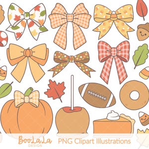 May include: A collection of fall-themed clipart illustrations. The image features various bows, a pumpkin, a caramel apple, a football, a slice of pie, and other autumn-related elements in shades of orange, yellow, and brown. The text "BooLaLa Design" is visible.