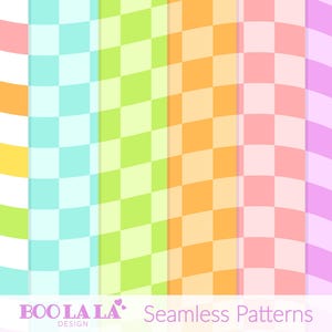 Peut inclure: Un motif numérique coloré avec un motif de damier ondulé dans des tons pastel arc-en-ciel. Le design comprend le texte "BOO LA LA DESIGN" et "Seamless Patterns" en blanc.