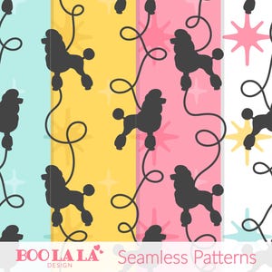 May include: Seamless patterns featuring black poodle silhouettes with curly tails and starburst accents. The patterns are set against a backdrop of pastel colors, including blue, yellow, pink, and white. The text "BOO LA LA DESIGN" and "Seamless Patterns" are visible.