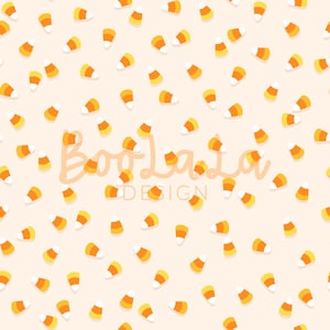 May include: A repeating pattern of candy corn on a light beige background. The candy corn pieces are white, yellow, and orange. The text "Boo La La Design" is in a cursive font.