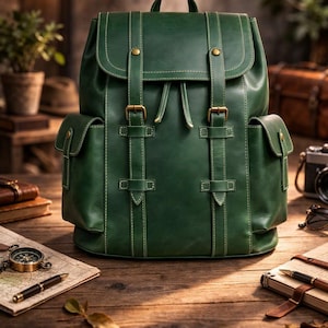 May include: A green leather backpack with a flap closure, two side pockets, and adjustable straps. The bag features brass-colored buckles and stitching. The backpack is sitting on a wooden surface, with a compass and map visible in the foreground.