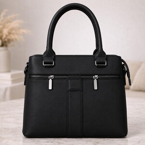 Dusty Blue Full-Grain Leather Tote Bag – Structured Work Shoulder Handbag Front Zip Pocket
