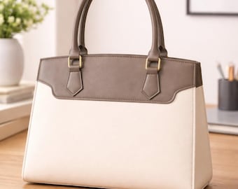 Two Tone Leather Tote Bag – Cream Taupe Structured Work Office Purse