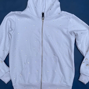 White Rhinestone Zip Up Hoodie | Hand-Embellished Luxury Streetwear | Heavyweight Crystal Bling Hoodie