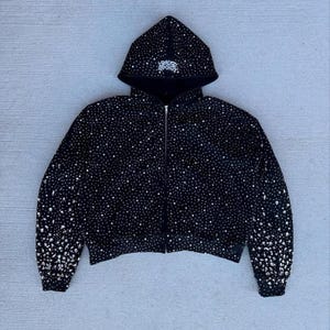 Black and White Rhinestone Zip Up Hoodie | Hand-Embellished Luxury Streetwear | Heavyweight Crystal Bling Hoodie
