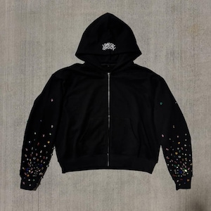 Rhinestone Zip Up Hoodie – Black Gemstone Hoodie – Crystal Studded Streetwear – Raining Jewels Oversized Hoodie