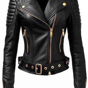 Women&#39;s Black Leather Biker Jacket | Slim Fit Moto Jacket with Gold Zippers & Belt | Stylish Faux Leather Outerwear