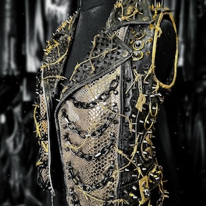Riley Replay Spiked Leather Vest | Handmade Punk Jacket with Chains, Studs & Snakeskin | Gothic Steampunk Festival Outfit