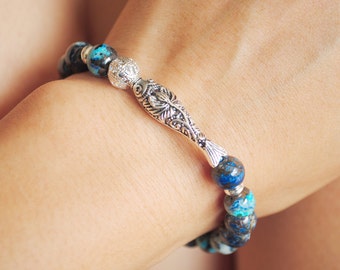 A beautiful Quality of "Chrysocolla" Bracelet Mixed with Brass Black Fish Charm & Silver Beads