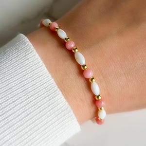 Mother of Pearl and Pink Jade Bracelet | Gold Plated Brass| Adjustable Size