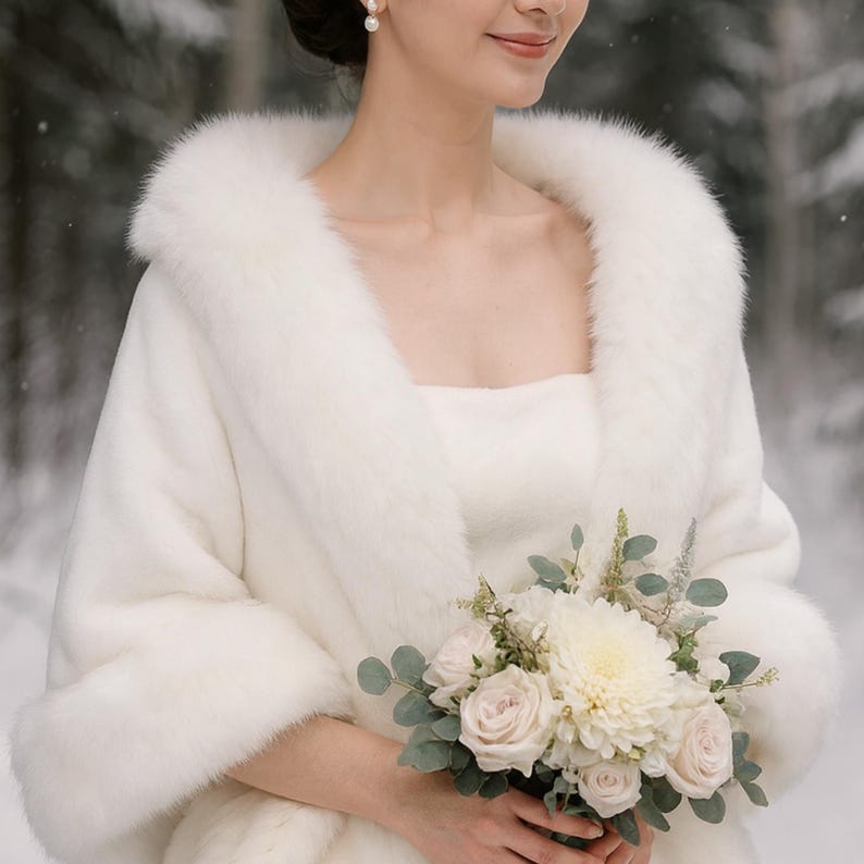 May include: A white faux fur bridal wrap with a square neckline and wide collar. The wrap is paired with a white dress and a bouquet of white and blush roses, and greenery. The background is a snowy forest.