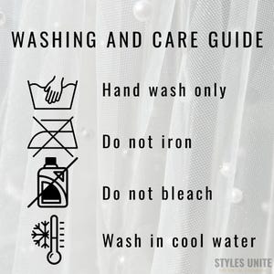 May include: White fabric with pearl accents and a washing and care guide. The guide includes instructions to hand wash only, not iron, not bleach, and wash in cool water. The text "STYLES UNITE" is at the bottom.