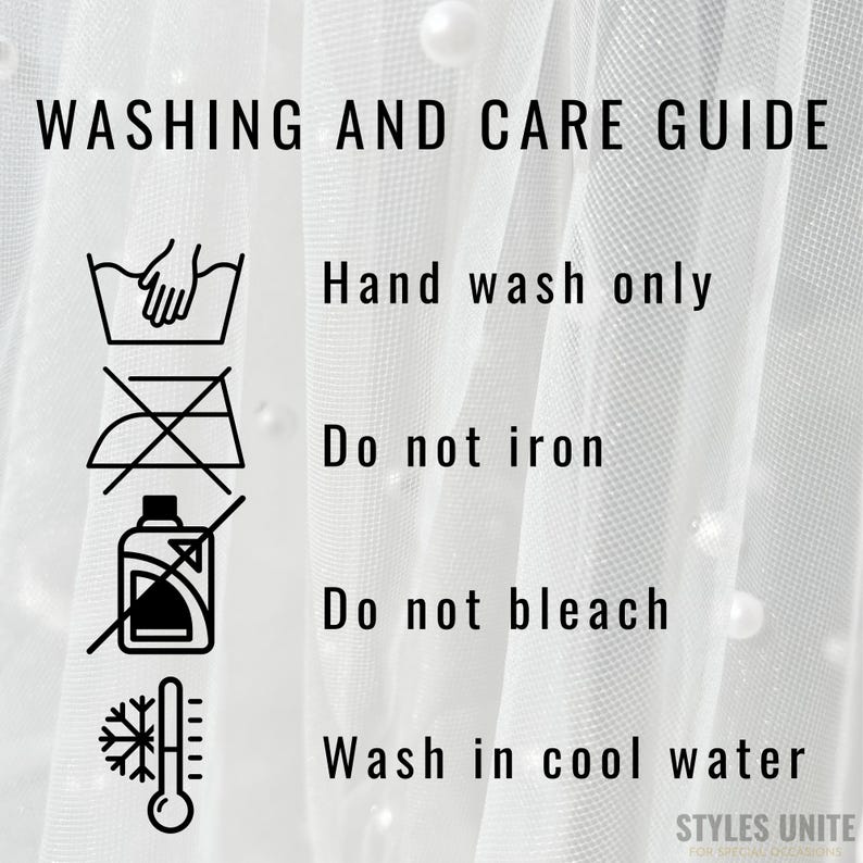 May include: White fabric with pearl accents and a washing and care guide. The guide includes instructions to hand wash only, not iron, not bleach, and wash in cool water. The text "STYLES UNITE" is at the bottom.
