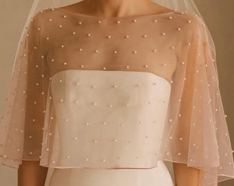 Wedding Shawl Pearls Bridal Cape Wedding Bolero Wedding Dress Topper Tulle Cape Bridal Cover Up Shoulder Cape Bridesmaid Shawl Black Shawl