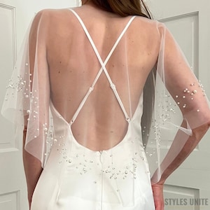 Wedding Shawl Rhinestones and Pearls Bridal Cape Wedding Bolero Wedding Dress Topper Tulle Cape Bridal Cover Up Shoulder Cape White Shawl