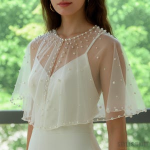 Double Sided Wedding Shawl Bridal Cape Wedding Bolero Wedding Dress Topper Tulle Cape Bridal Cover Up Shoulder Cape Bride Pearls Shawl