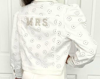 Bridal Jacket Bride Jean Jacket Bride Denim Jacket Wedding Dress Topper Mrs Jean Jacket Bridal Bolero Bridal Top Overlay Wedding Bolero